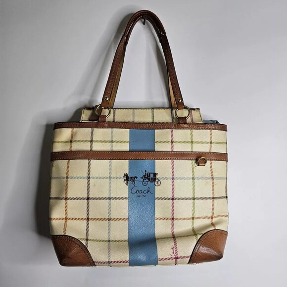 VTG Classic Coach Heritage Tatterall Plaid Bag Tote Blue Stripe #D0868-12561 - Picture 2 of 13